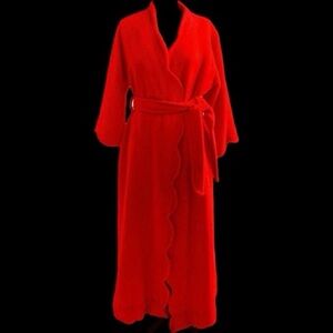 David Brown - 70's Red Velour Scalloped Maxi Loungewear Robe - Size S